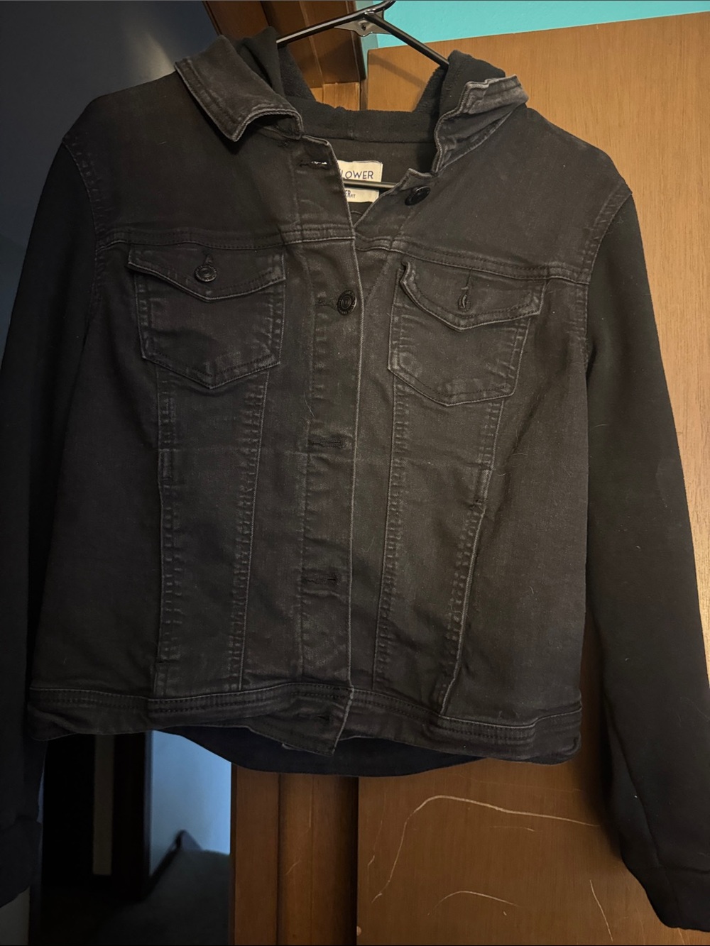 Wallflower Black Hooded Jean Jacket with Knit Sleeves